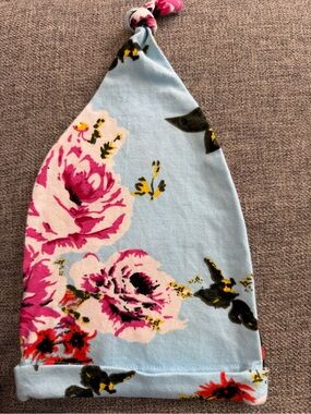 Baby Be Mine Light Blue Floral Knot Hat with Pink Flowers Newborn Cotton Blend